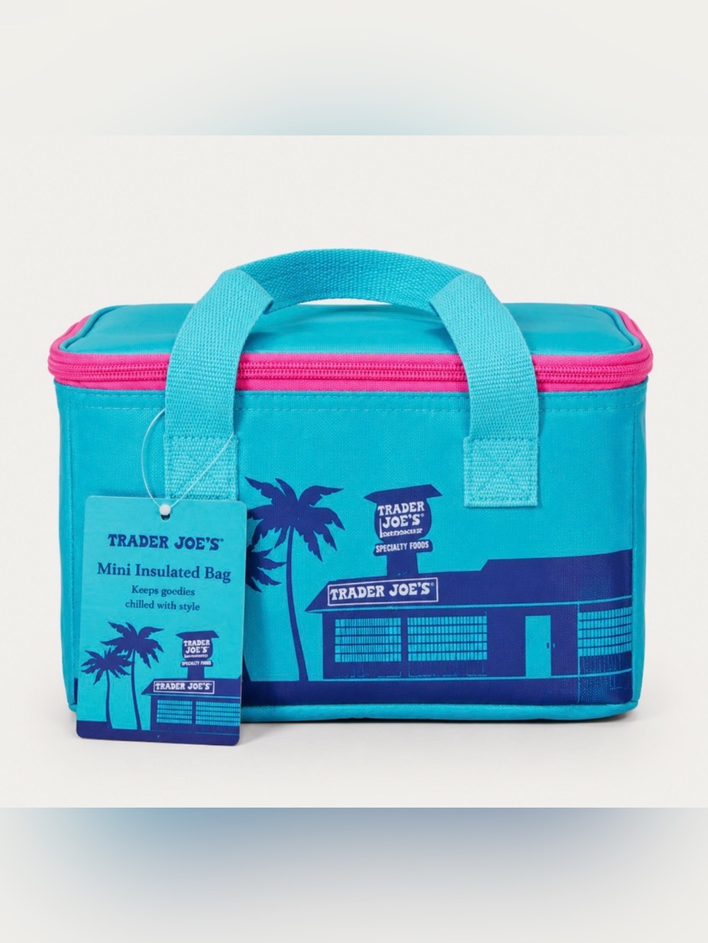 NWT - Trader Joe's Mini Insulated Tote Bag - Blue with Pink Lining - Picture 1 of 1